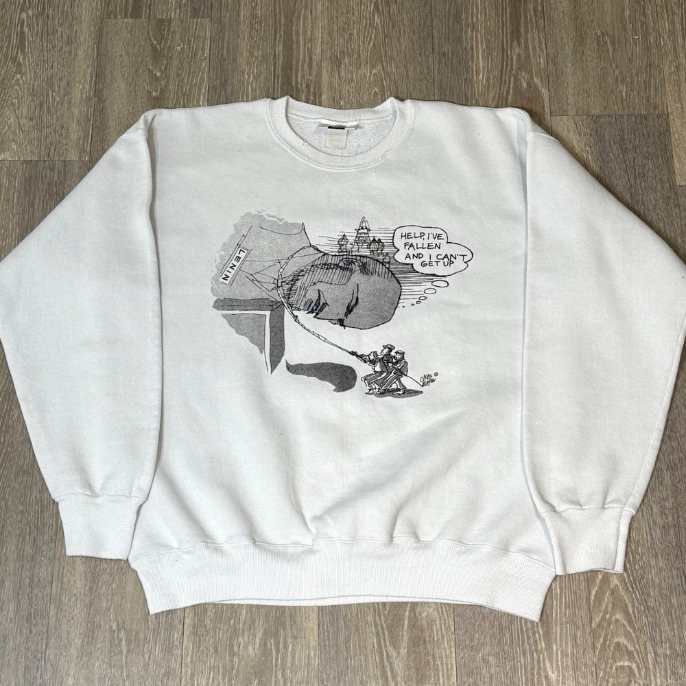 Vintage 90s Political Cartoon Fallen Lenin Sweatshirt White Graphic Pullover XL